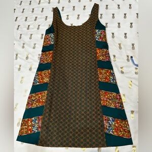 Judith March Shift Dress Women’s Large Mod Crochet Knit Brown/Teal Retro Style